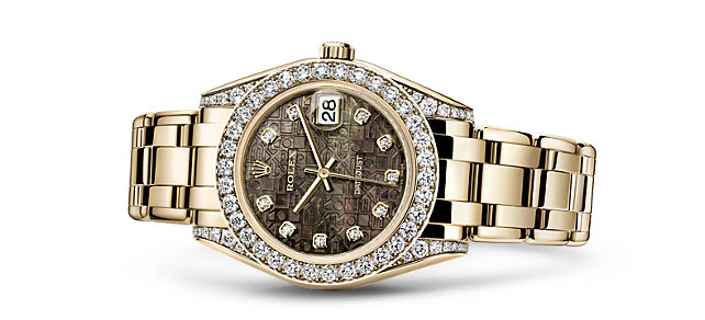 Precious Yellow Gold Rolex Pearlmaster Fake Watches With Diamond Decoration